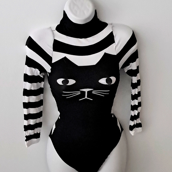 Cat Bodysuit Striped Sexy Black White Stripes Leg Avenue Unisex - Picture 7 of 13